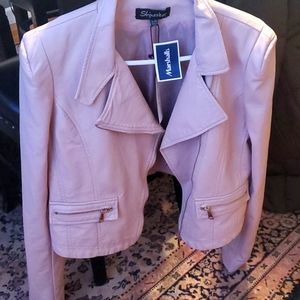 Cropped pink feaux leather jacket